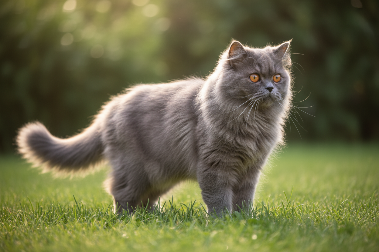 Gato gris de raza persa con pelaje largo, denso y esponjoso, de ojos anaranjados intensos, caminando sobre el césped en un jardín verde. Imagen real utilizada por Topcats para ilustrar razas de gato gris con mucho y poco pelo. Descubre más sobre el gato gris persa y otras razas en la web de Topcats.