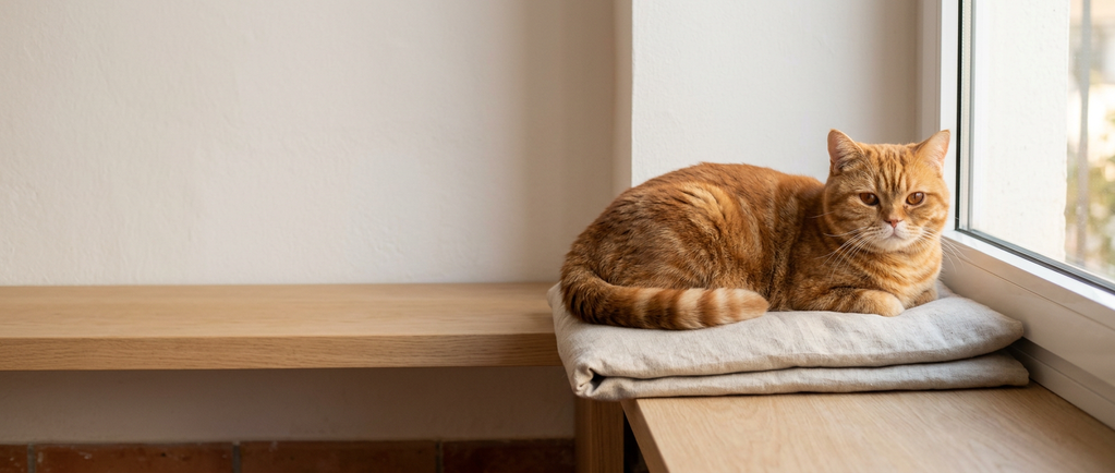 Gato naranja de raza British Shorthair, un macho adulto rojo atigrado de pelo denso y ojos cobre, tumbado sobre un banco de madera junto a una ventana