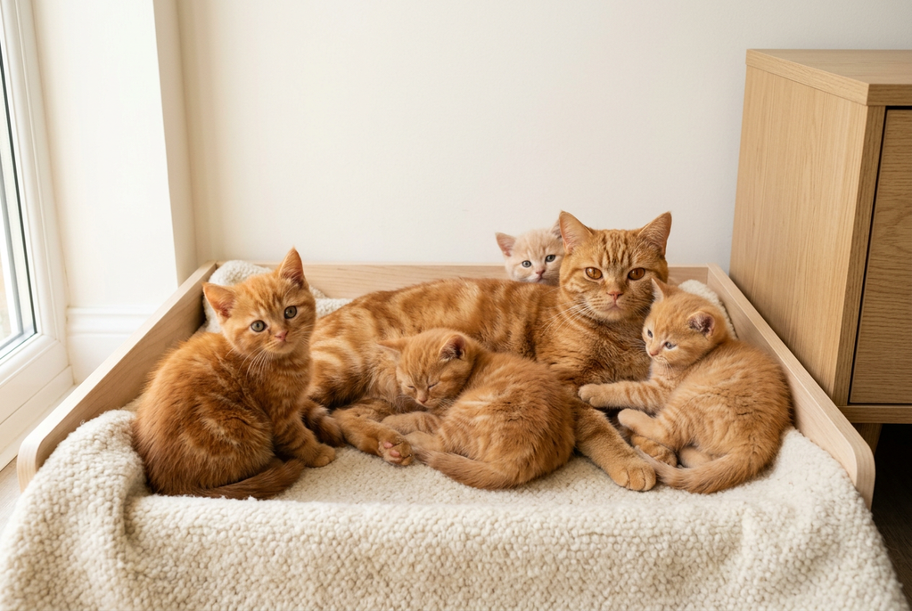 Gata naranja British Shorthair roja atigrada tumbada con su camada de cuatro gatitos naranjas: tres rojos atigrados y uno crema, que es el rojo diluido