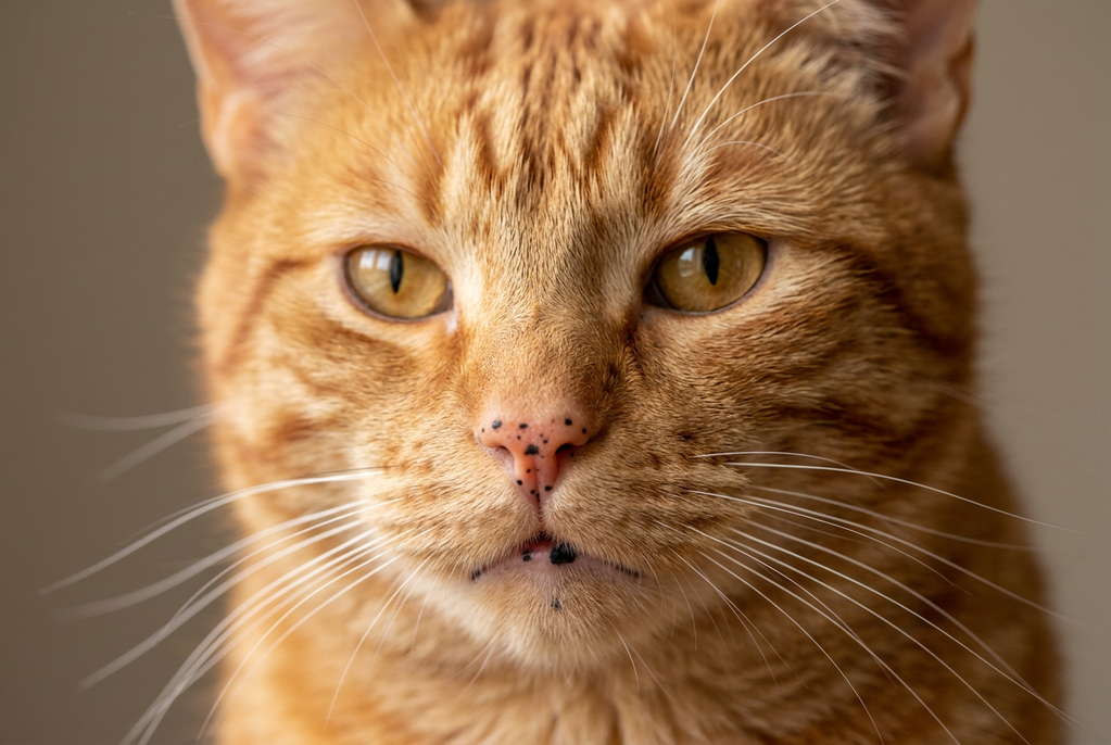 Primer plano de la cara de un gato naranja atigrado con la M marcada en la frente y pequeñas pecas negras de lentigo en el labio y en la nariz