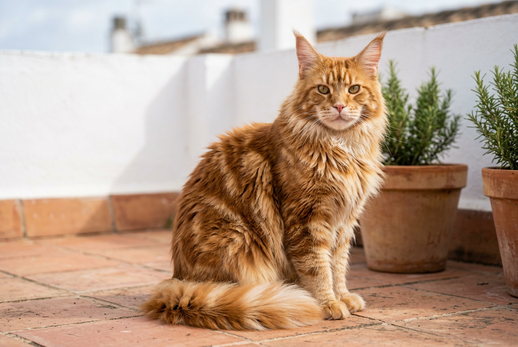 Gato naranja de raza Maine Coon, un macho adulto rojo atigrado de pelo semilargo, con gorguera, orejas con pinceles y cola poblada, sentado en una terraza