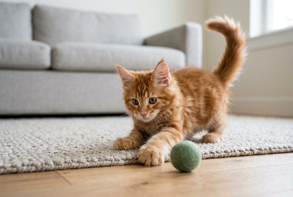 Gatita naranja de raza Maine Coon, una hembra roja atigrada de unas catorce semanas, jugando con una pelota de fieltro sobre una alfombra