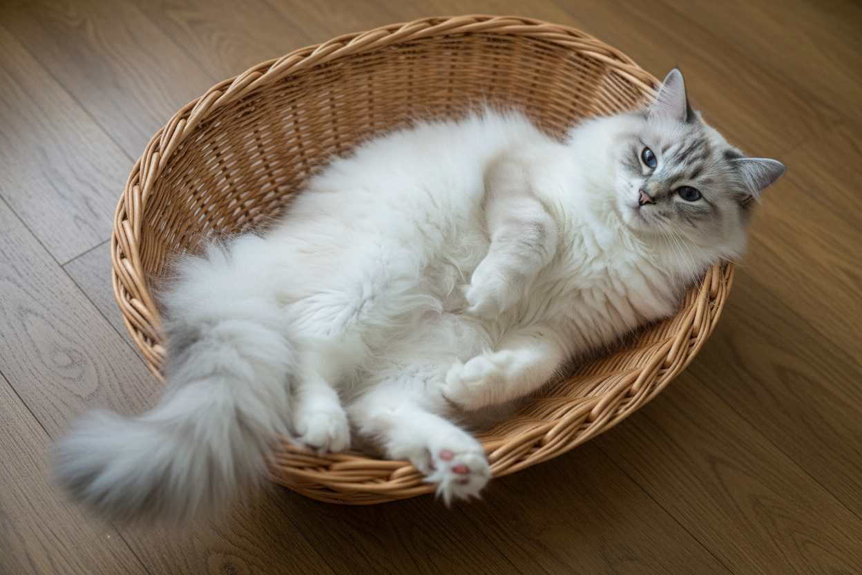 Gato ragdoll Topcats descansando en cesta de mimbre Gato ragdoll Topcats tumbado dentro de una cesta de mimbre, con el pelaje largo y claro extendido mientras adopta una postura relajada