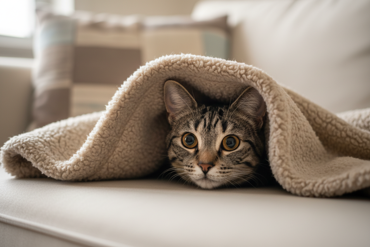 Gato atigrado de ojos grandes y expresivos asomando desde debajo de una manta sobre un sofá, en actitud curiosa y alerta, una escena cotidiana que refleja los beneficios de tener un gato en casa como la sensación de refugio y seguridad