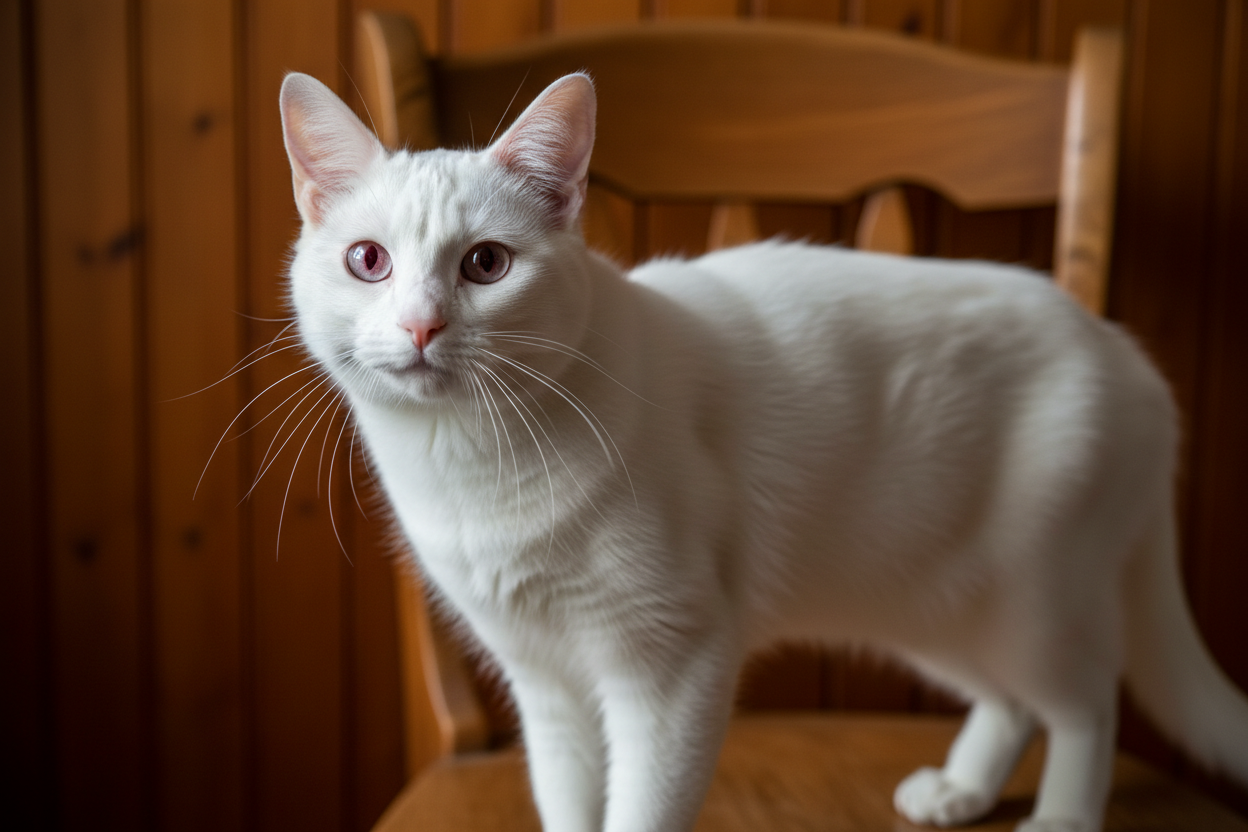 Gato blanco albino Topcats con ojos rojizos y pelaje completamente blanco, de pie en interior con fondo de madera, ejemplo de gato blanco con ausencia de pigmentación