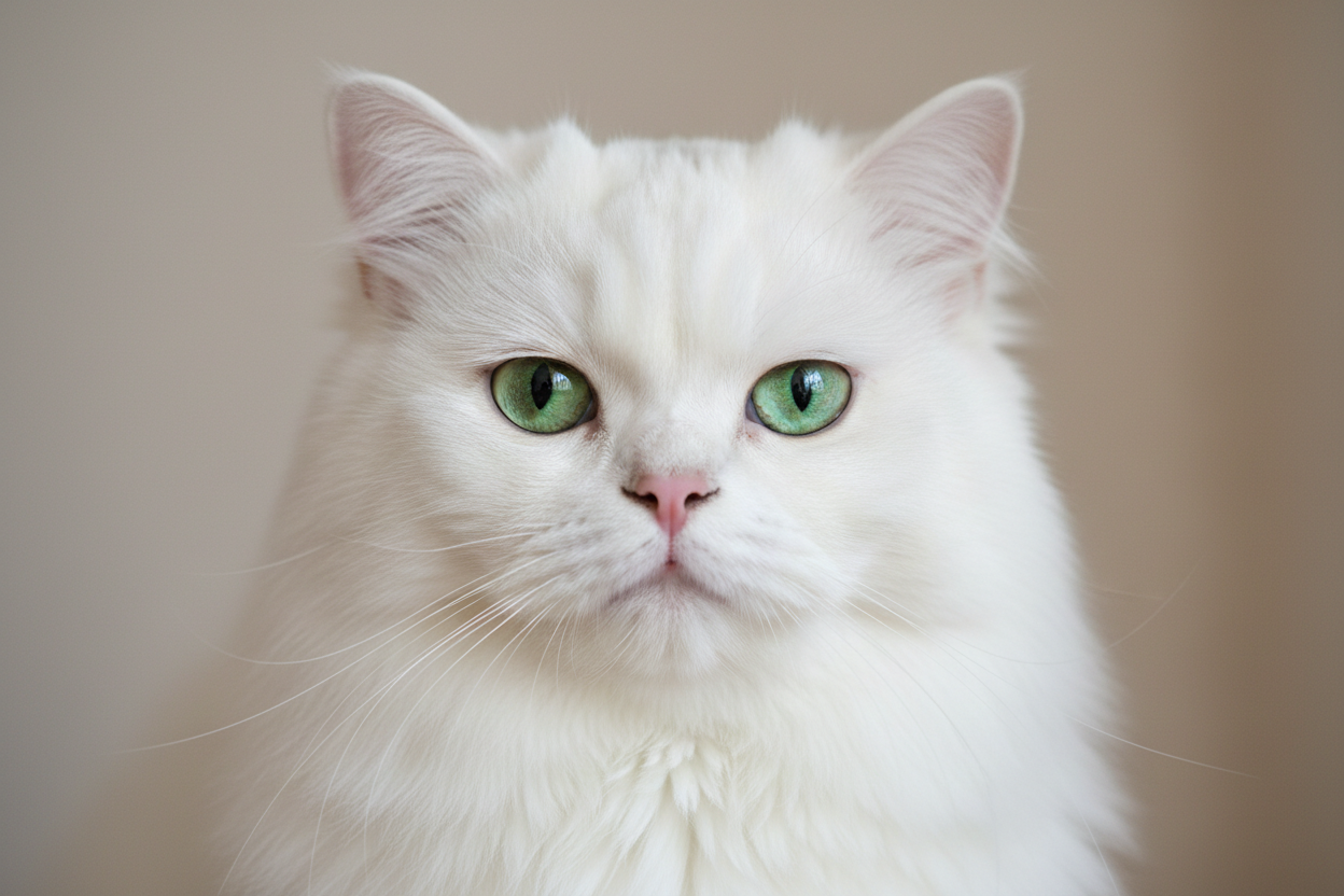 Gato blanco persa Topcats de pelo largo y abundante, con ojos verdes intensos y expresión tranquila en primer plano