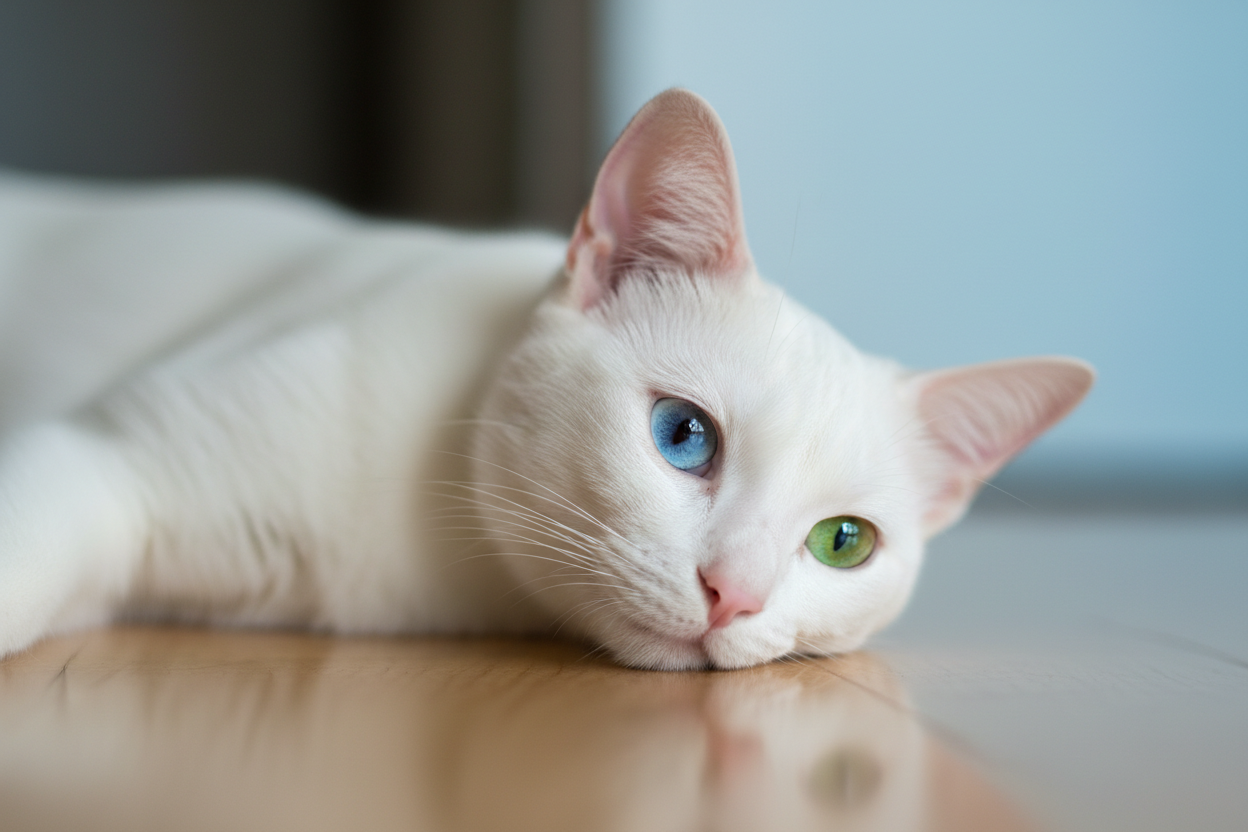 Gato blanco Khao Manee Topcats tumbado sobre suelo de madera, con heterocromía (un ojo azul y otro verde) y expresión tranquila