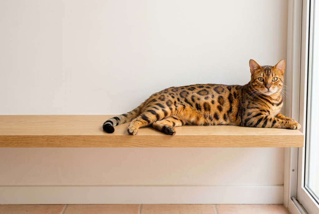 Gato bengalí adulto de color marrón con rosetas negras sobre fondo dorado, el gato doméstico que parece un gato leopardo, tumbado en una repisa de madera