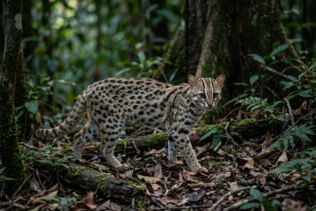 Gato leopardo asiático salvaje (Prionailurus bengalensis), un felino pequeño de patas largas y pelaje moteado, caminando por el suelo de un bosque tropical
