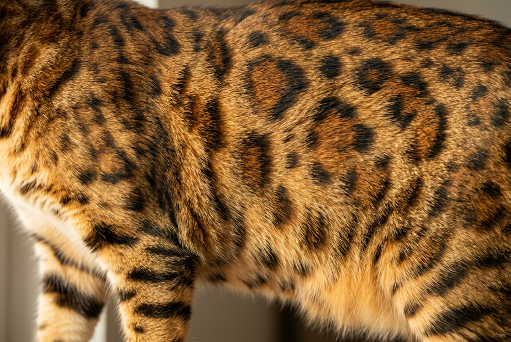 Detalle del pelaje de un gato bengalí: rosetas negras con el centro más rojizo sobre fondo dorado, el dibujo de gato leopardo que pide el estándar de la raza