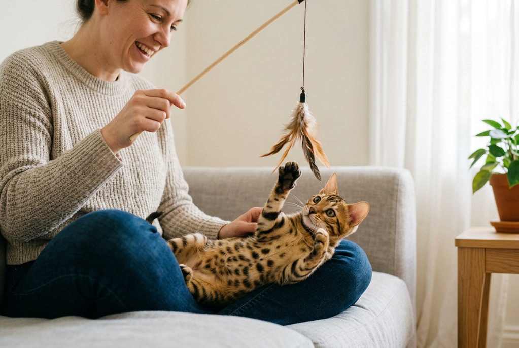 Gatito bengalí de unas catorce semanas, con su pelaje de gato leopardo, jugando tranquilo en el regazo de una mujer en el salón de casa