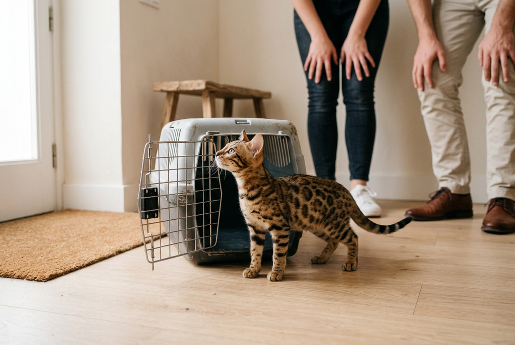 Gatito bengalí saliendo de su transportín en el recibidor de su nueva casa el día de la entrega, con el pelaje moteado de gato leopardo