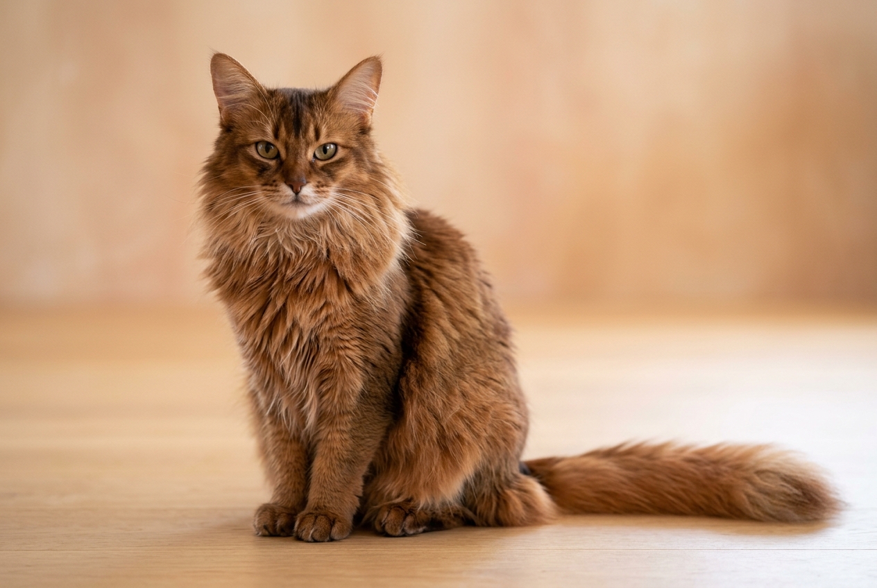 Gato de pelo largo y tonos rojizos sentado sobre un fondo claro, con una cola muy poblada y expresión tranquila; una imagen ideal para descubrir en Topcats más sobre gatos peludos y razas de gatos bonitas.