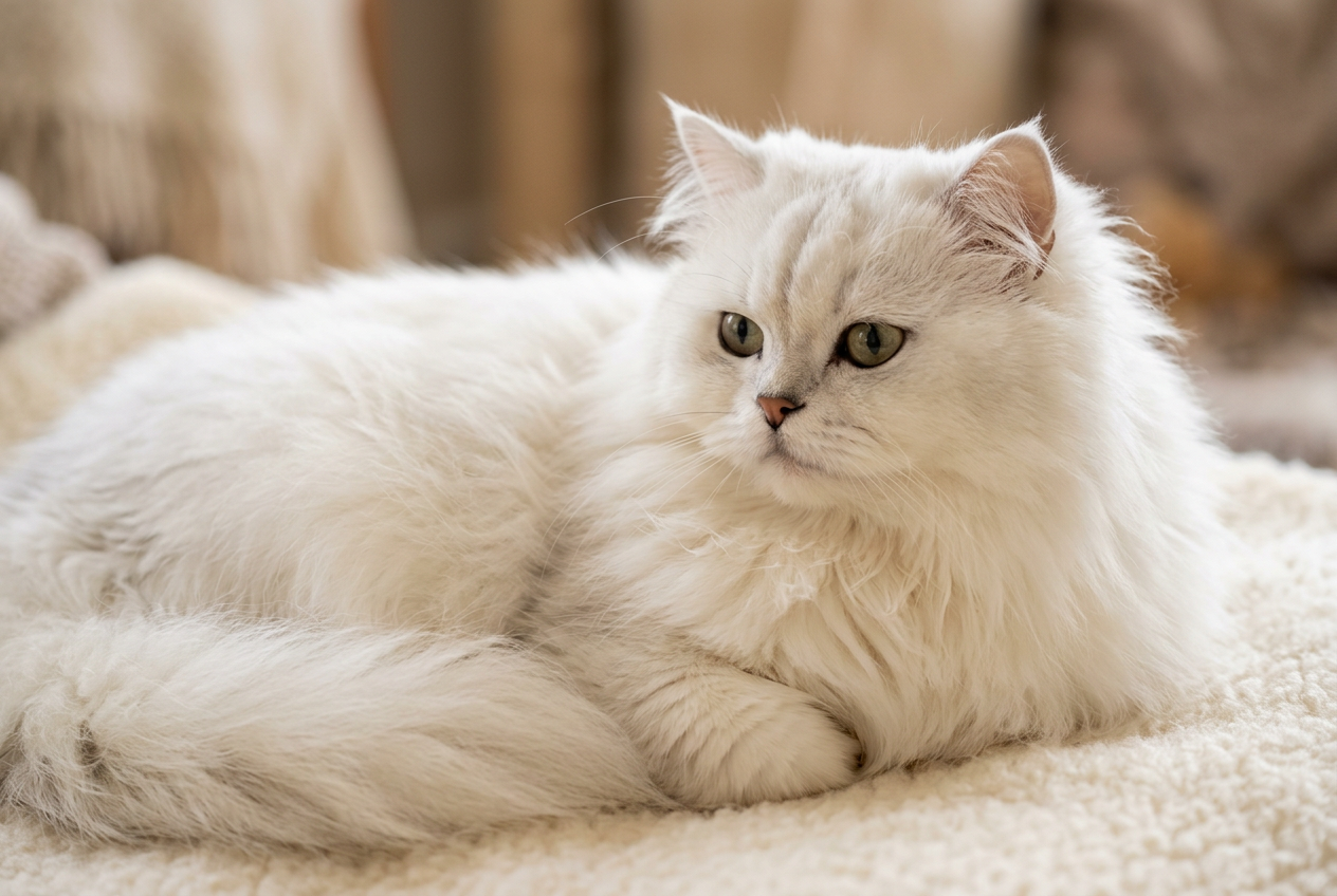 Gato persa blanco de pelo largo y abundante, tumbado con expresión tranquila y ojos verdosos, una imagen representativa de los gatos peludos que puedes conocer mejor en Topcats.