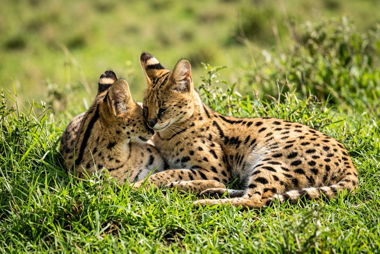 Dos servales moteados descansando sobre la hierba, felinos salvajes relacionados con el origen del gato savannah