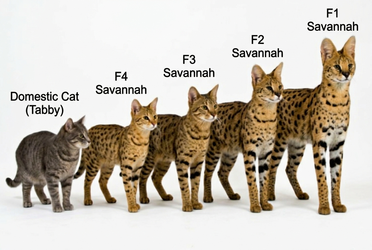 Comparativa visual de generaciones de gato savannah Topcats, desde un gato doméstico hasta ejemplares F4, F3, F2 y F1 de mayor tamaño