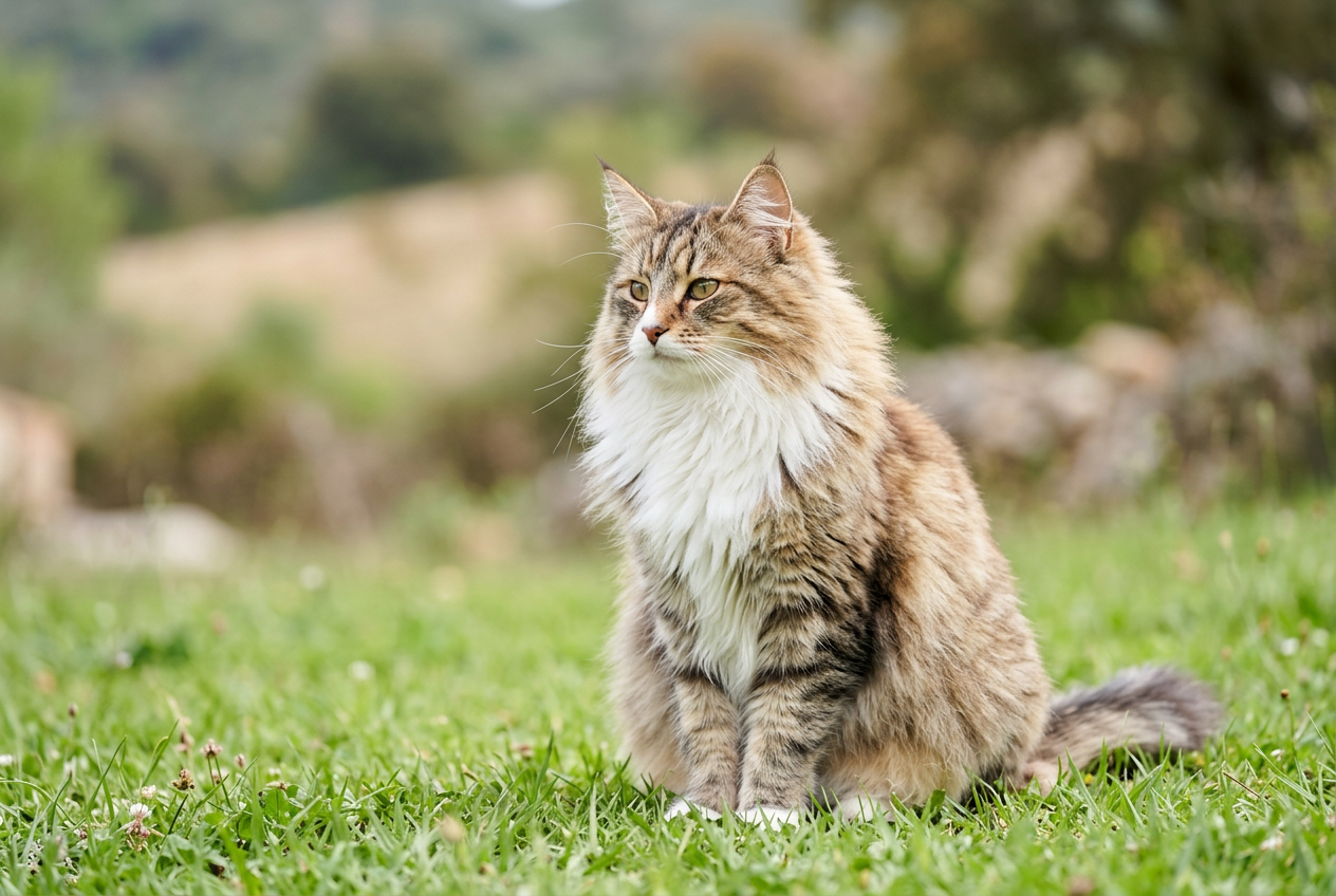 Gato bosque de Noruega entre las razas de gatos más comunes | Topcats Gato bosque de Noruega de pelo largo sentado sobre hierba verde, imagen para Topcats sobre razas de gatos comunes en España; descubre qué razas de gatos encajan mejor con cada hogar.