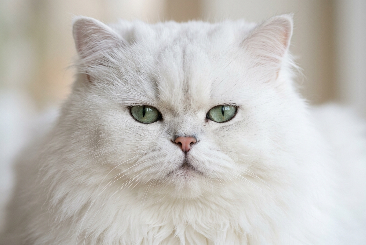 Primer plano de un gato persa blanco de pelo largo, rostro achatado y ojos verdes, mirando de frente con expresión tranquila.