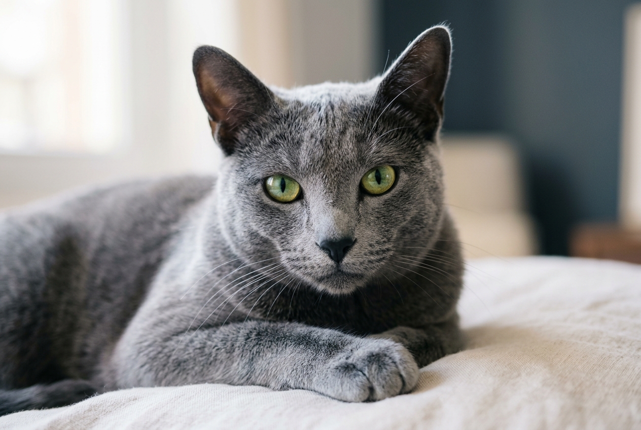 Gato azul ruso de ojos verdes | Topcats Gato azul ruso de pelo gris azulado y ojos verdes, tumbado sobre una superficie clara y mirando de frente con expresión tranquila.