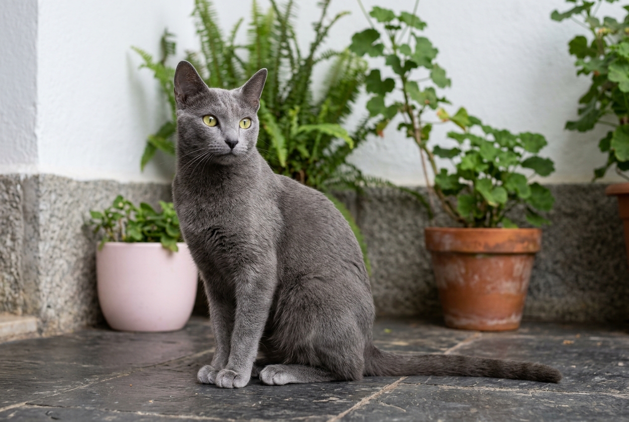 Gato azul ruso sentado en terraza | Topcats Gato azul ruso de pelo gris azulado sentado en una terraza junto a macetas, mirando atento hacia la cámara con postura elegante.
