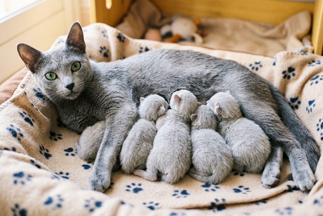 Gato azul ruso con sus cachorros | Topcats Gato azul ruso adulto con ojos verdes tumbado junto a varios cachorros recién nacidos que maman sobre una manta.