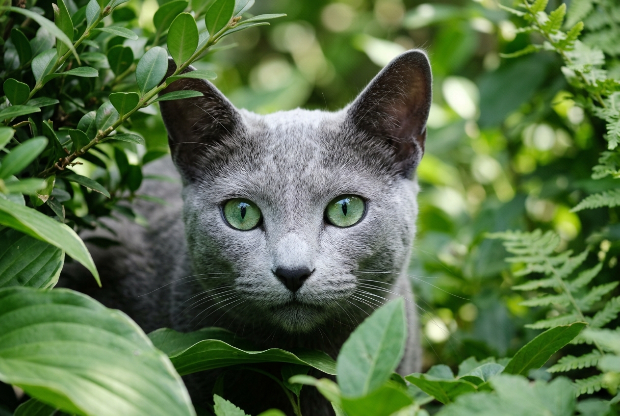 Gato azul ruso entre hojas verdes | Topcats Gato azul ruso de pelo gris azulado y ojos verdes mirando de frente entre hojas verdes, con expresión tranquila y curiosa.