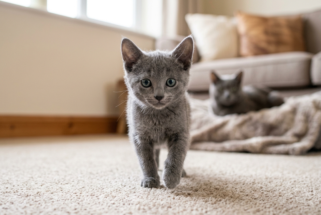 Gato azul ruso cachorro en casa | Topcats Gato azul ruso cachorro de pelo gris azulado caminando sobre una alfombra clara, con mirada atenta y otro gato desenfocado al fondo.