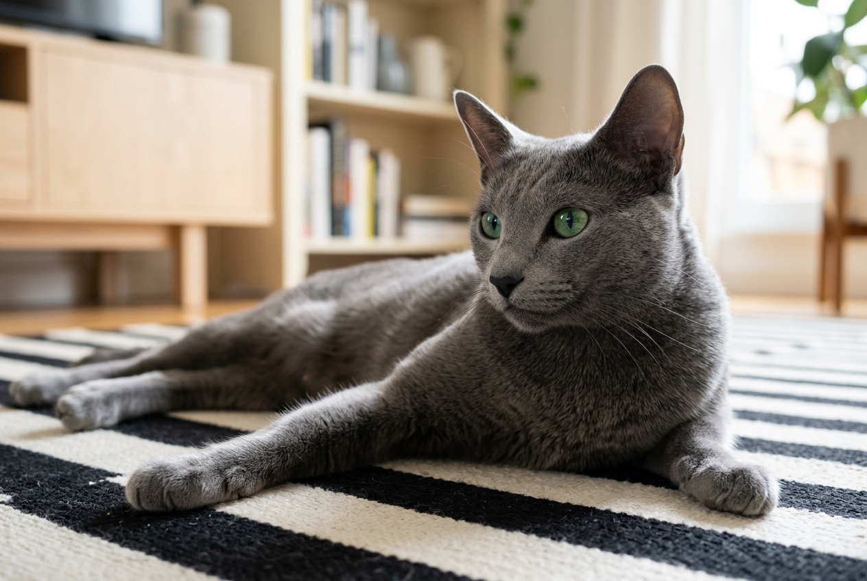 Gato azul ruso tumbado en casa | Topcats Gato azul ruso de pelo gris azulado y ojos verdes tumbado sobre una alfombra de rayas blancas y negras, con postura relajada y mirada atenta.