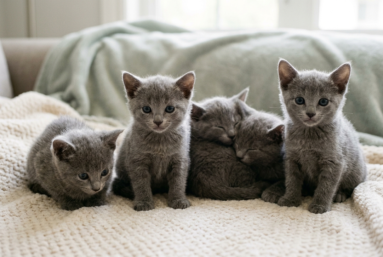 Camada de cachorros de gato azul ruso | Topcats Cinco cachorros de gato azul ruso de pelo gris azulado sentados sobre una manta clara, mirando en distintas direcciones en un entorno tranquilo.
