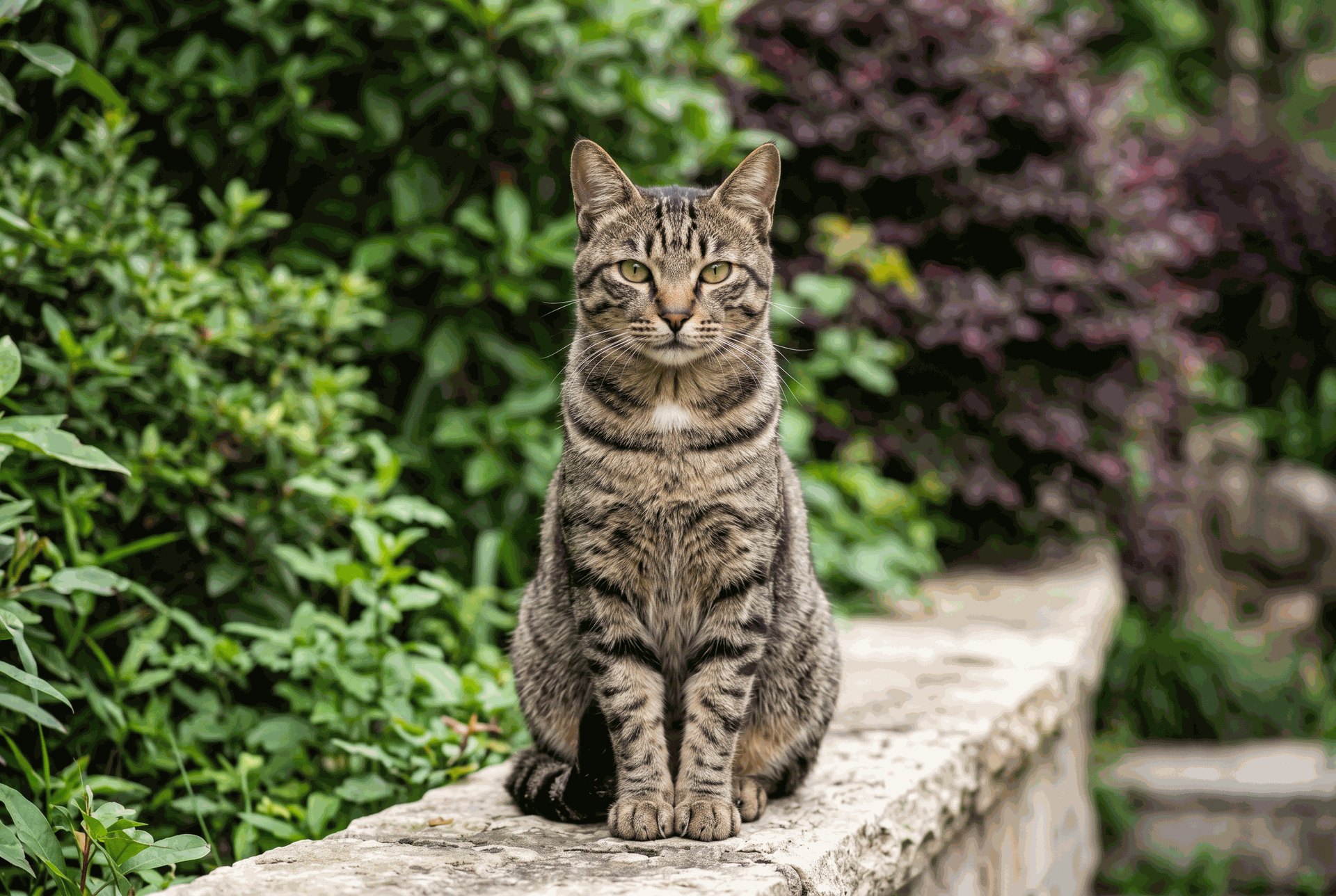 Gato chino Dragon Li o Li Hua Mao de pelaje atigrado marrón, sentado sobre una superficie clara y mirando al frente entre vegetación verde desenfocada.