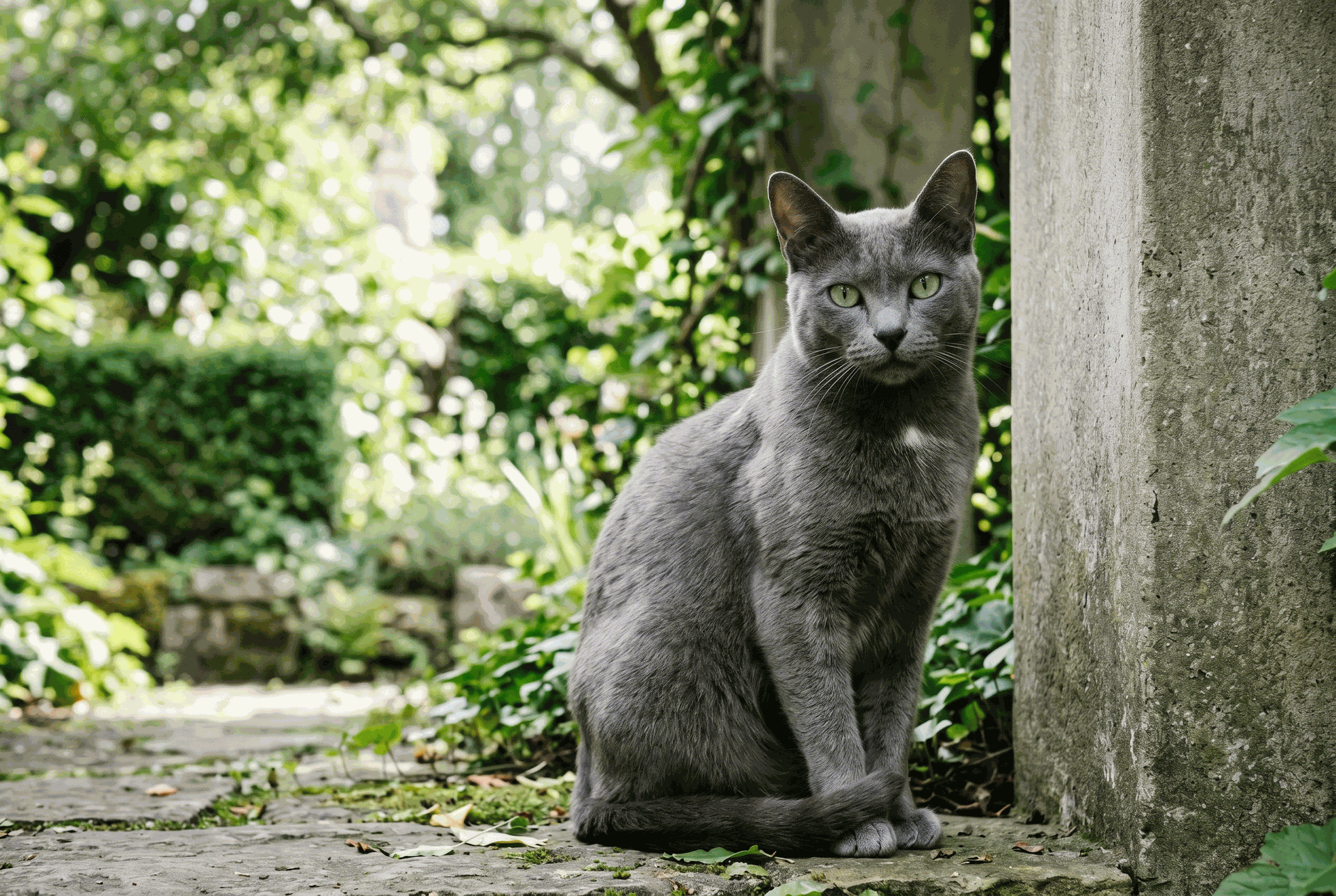 Gato Korat de pelaje gris azulado y ojos verdes, sentado en exterior junto a una pared, usado para comparar razas asiáticas con el gato chino.