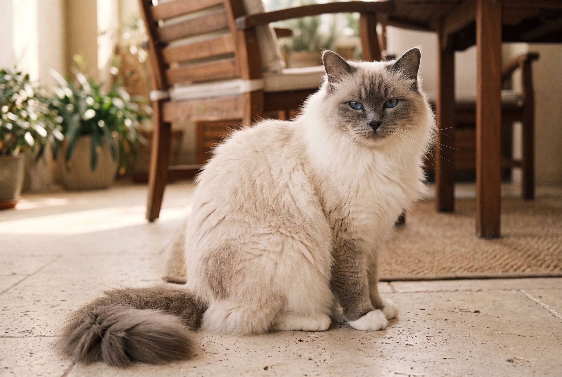 Gato chino comparado con un Sagrado de Birmania de pelaje claro, máscara grisácea, ojos azules y pelo semilargo, sentado en una terraza junto a muebles de madera.