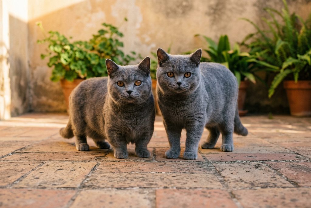 Un gato munchkin azul de patas cortas junto a un British Shorthair azul de patas normales, en el suelo de barro de un patio