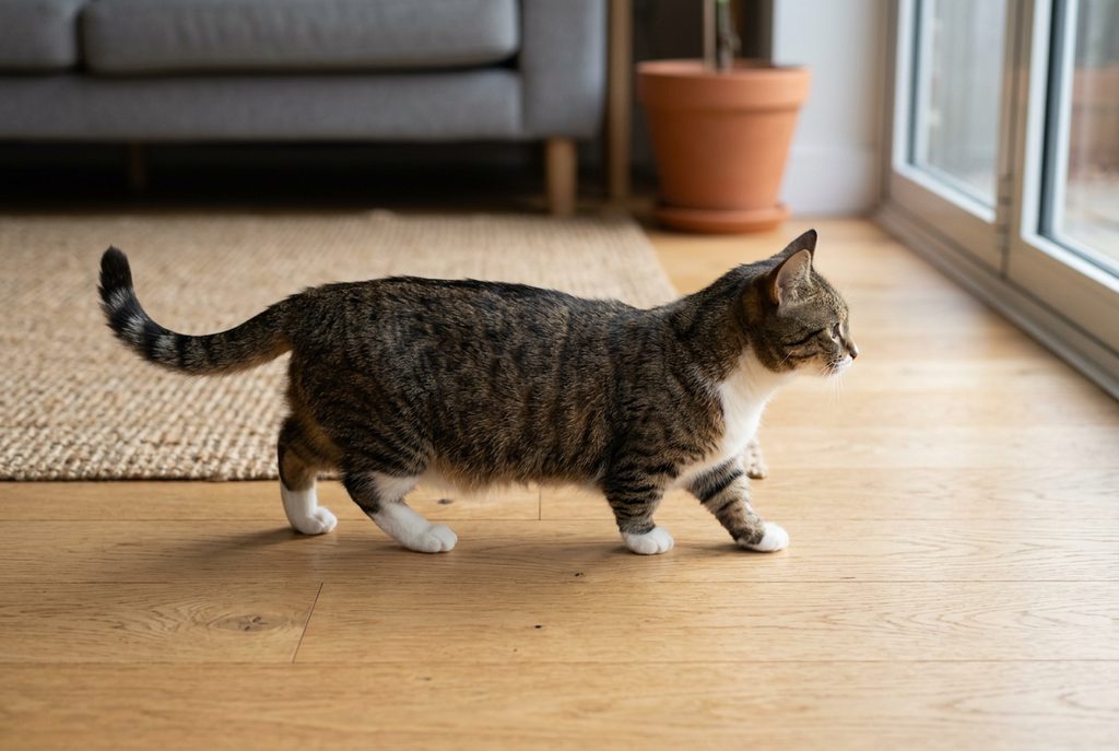 Gato munchkin atigrado marrón y blanco caminando de perfil por el suelo de madera de un salón, con el cuerpo de largo normal y las patas cortas