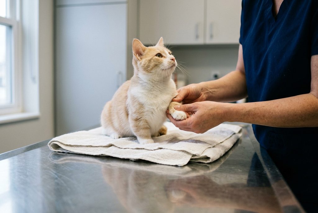 Una veterinaria revisa la pata delantera corta de un gato munchkin crema y blanco sobre la mesa de una clínica