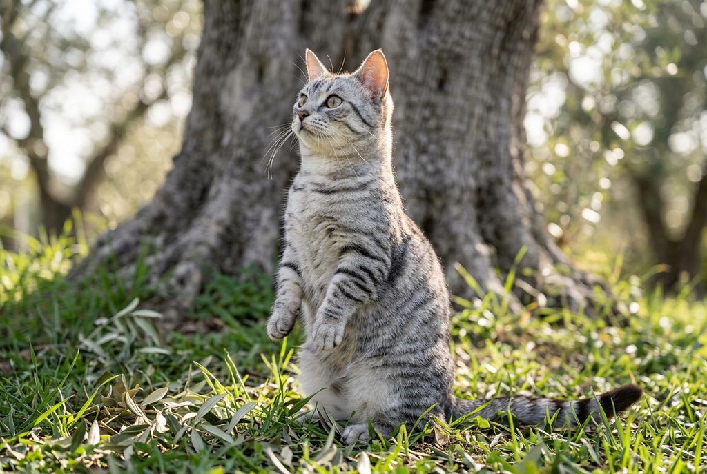 Gato munchkin atigrado plateado sentado sobre las patas traseras en el césped de un jardín, mirando hacia arriba