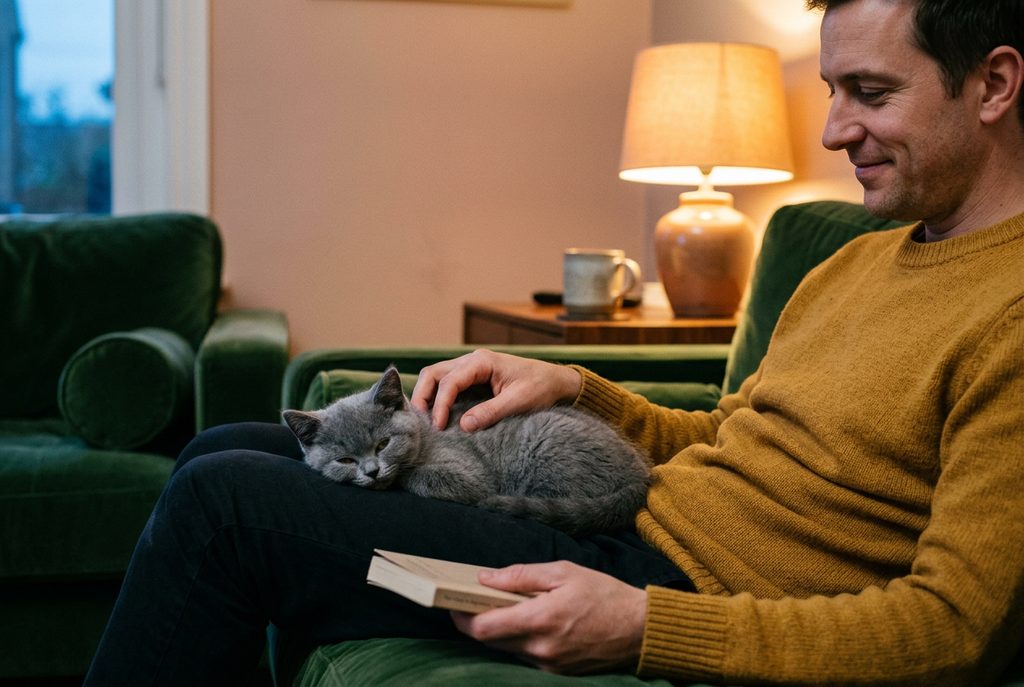 Gatito British Shorthair azul de unas catorce semanas medio dormido en el regazo de un hombre que lee en un sofá verde