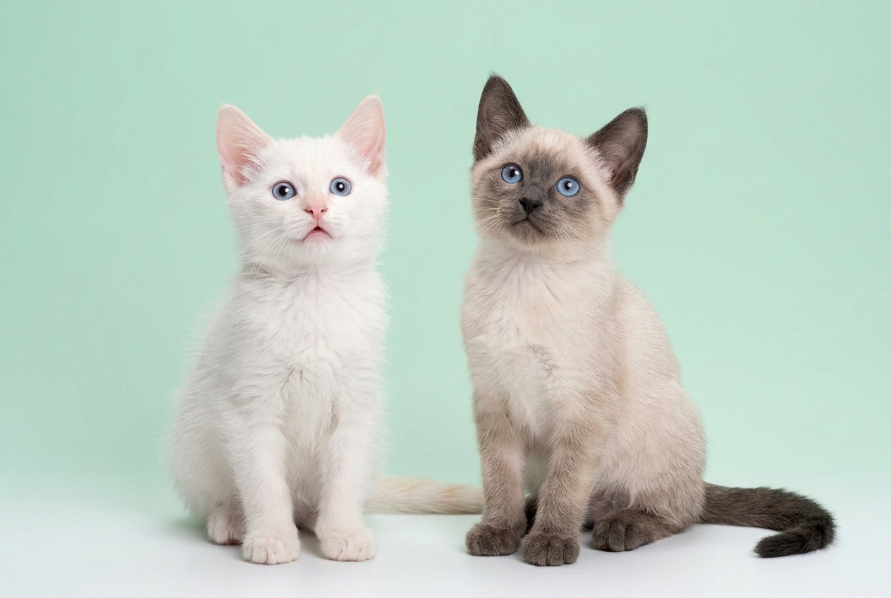 Dos gatitos sentados sobre fondo verde claro: a la izquierda uno de pelaje blanco con ojos azules y a la derecha un gatito siames con la mascara y las orejas ya oscurecidas.