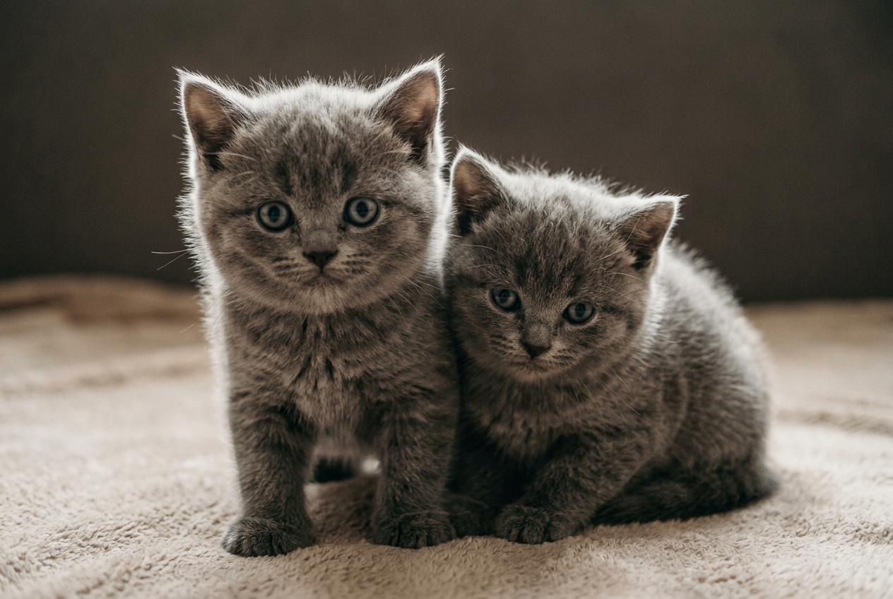 Dos gatitos Scottish Straight de pelo corto y manto gris azulado sentados juntos, los dos con las orejas erguidas