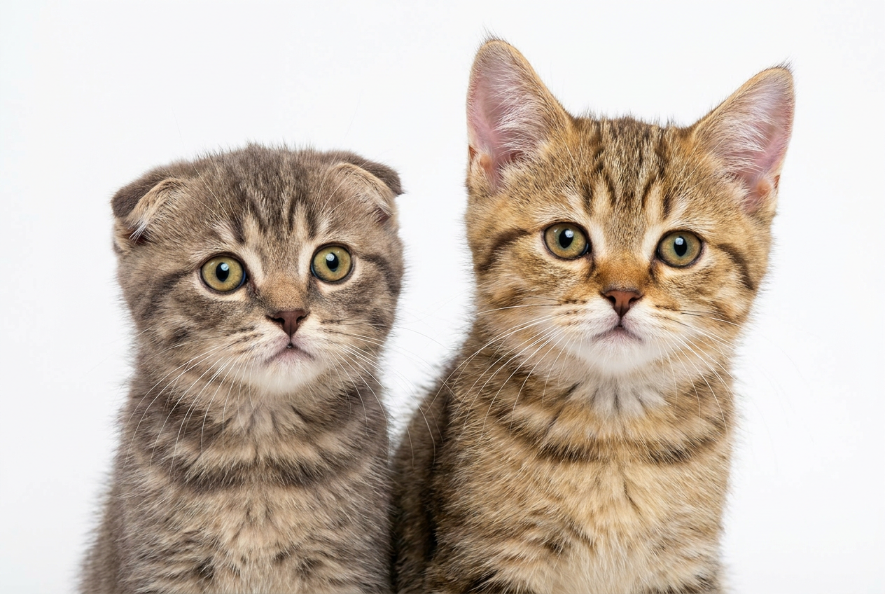 Gatito Scottish Fold con las orejas plegadas junto a un Scottish Straight con las orejas erguidas, los dos de manto atigrado