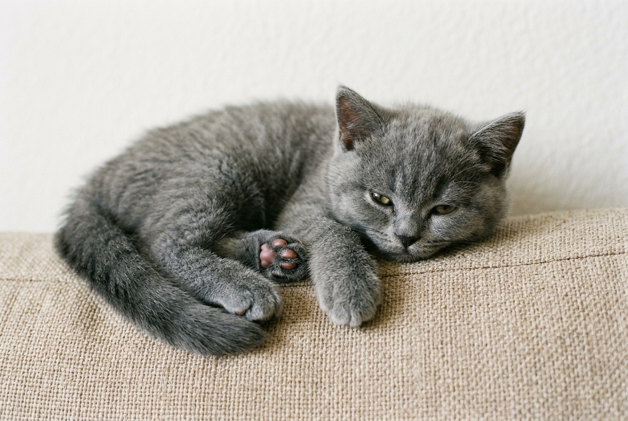 Gatito Scottish Straight de manto gris azulado descansando enroscado sobre el brazo de un sofa