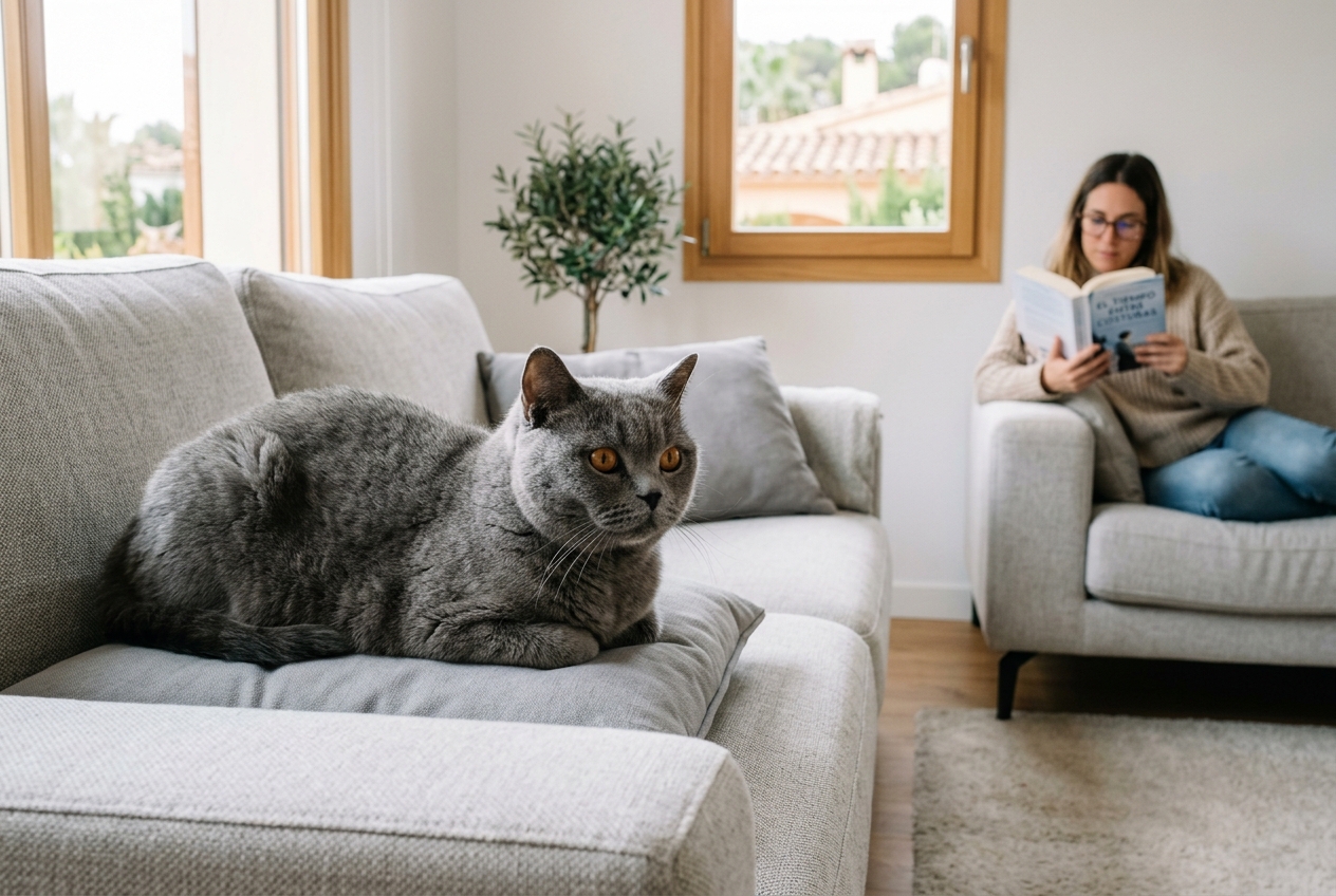 Gato British Shorthair azul tumbado tranquilo en un sofá junto a su dueña, una de las razas de gatos cariñosos más fáciles de convivir