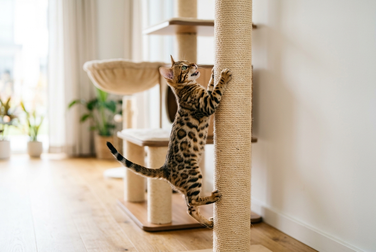 Gatito Bengalí de pocas semanas trepando por un rascador alto de sisal en el salón
