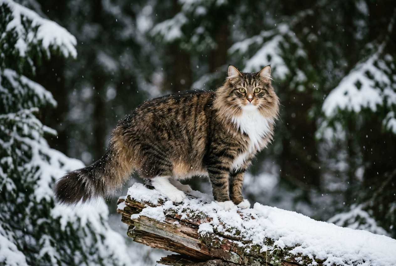 Gato bosque de noruega adulto de pelo largo sobre un tronco nevado en un bosque de abetos, mostrando la gorguera y la cola tupida