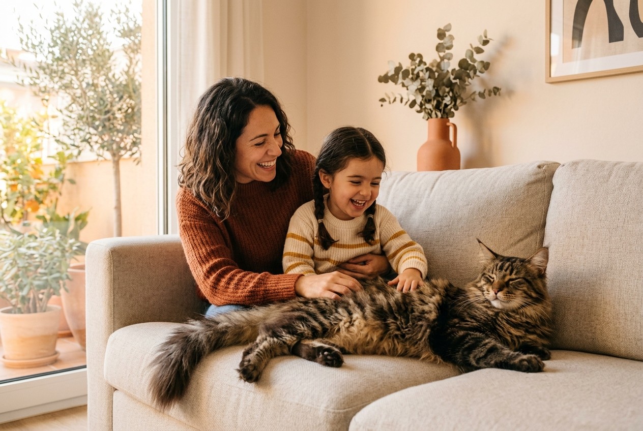 Gato maine coon atigrado recibiendo caricias de una familia en el sofá del salón, el carácter que lo diferencia del bosque de noruega