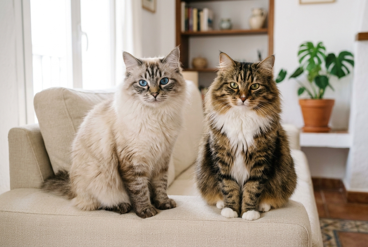 Gato siberiano Neva Masquerade de patrón colourpoint y ojos azules junto a un siberiano atigrado marrón, las dos variedades de la raza sobre un sofá
