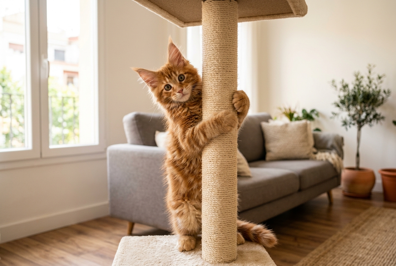 Gatito maine coon naranja de camada de criadero jugando en un árbol rascador en el salón de una casa, la alternativa al gato siberiano con cría consolidada en España