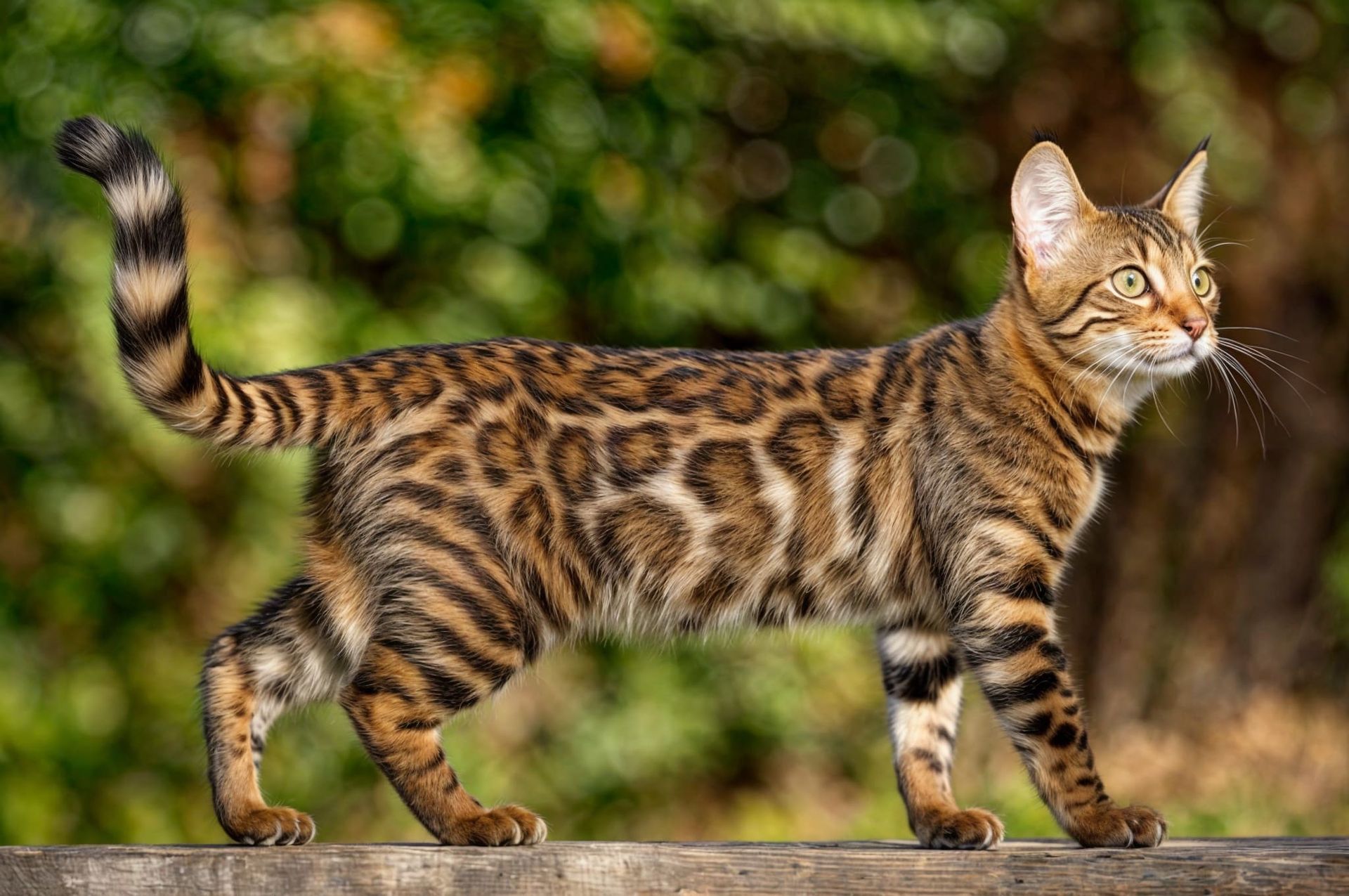 Gato Bengalí caminando sobre una superficie de madera al aire libre, mostrando su pelaje moteado y elegante.