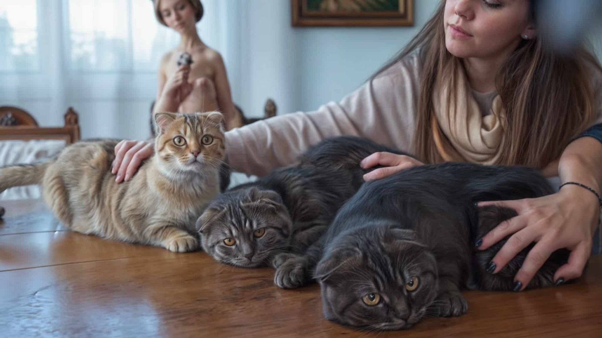 Gatos Scottish Fold descansando en una mesa mientras son acariciados por su dueña en un entorno hogareño