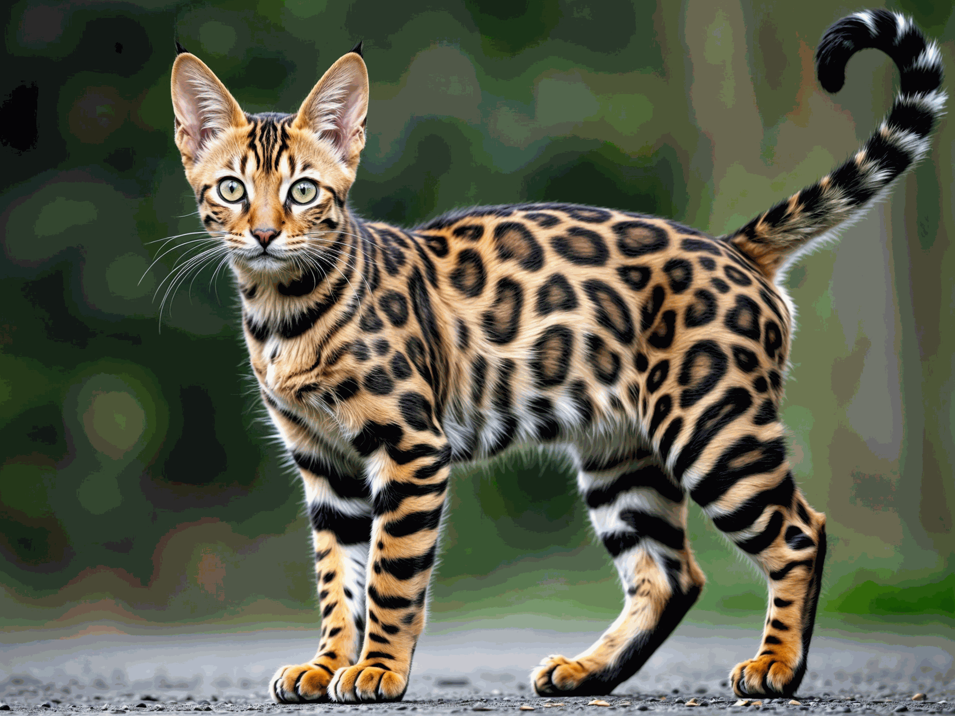 un impresionante gato bengalí con un pelaje de manchas únicas, resaltando su aspecto salvaje y elegante.